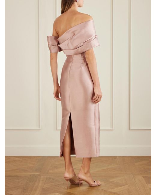 Solace London Pink Mirla Off-The-Shoulder Faille Midi Dress