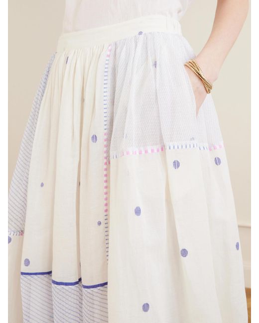 Eka White Gathered Striped Cotton-Jamdani Midi Skirt