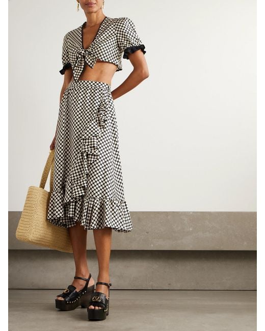 Valentino Garavani Black Ruffled Wrap-Effect Polka-Dot Silk-Twill Midi Skirt
