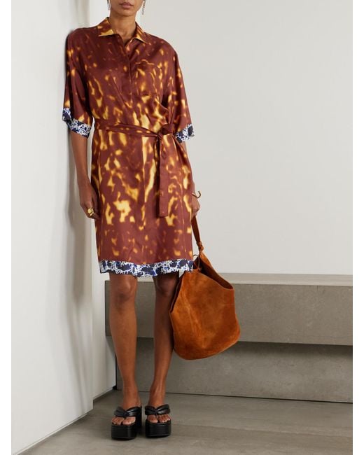 Dries Van Noten Red Mini-Hemdblusenkleid Aus Bedrucktem Seiden-Twill Mit Bindegürtel