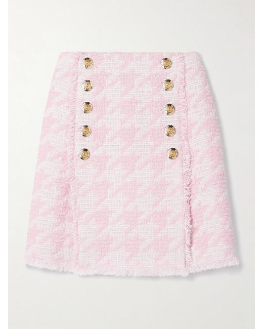Balmain Pink Button-Embellished Pleated Checked Cotton-Blend Tweed Mini Skirt