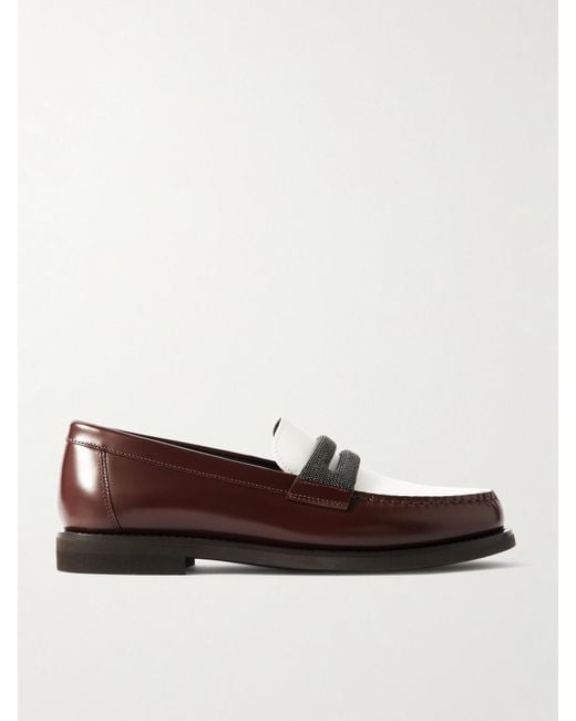 Brunello Cucinelli Brown Pennyloafers Aus Leder Mit Zierperlen