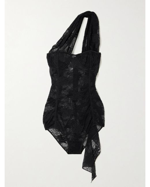 Oseree Black Asymmetrischer Body Aus Stretch-Spitze Mit Rüschen