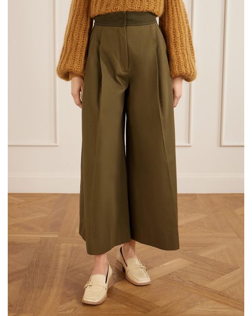 Zimmermann Green Valiant Pleated Cotton Wide-Leg Pants