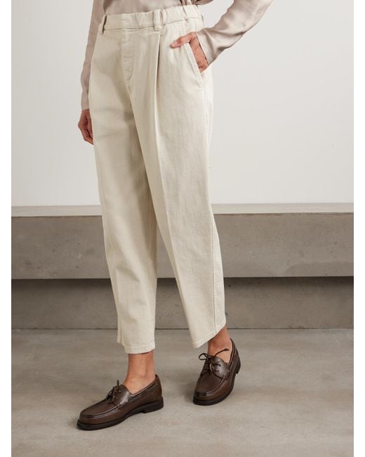 Brunello Cucinelli Natural Cropped Pleated Stretch-Cotton Twill Tapered Pants