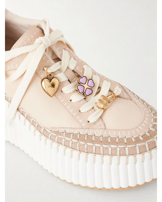 Chloé Natural Nama Patchwork Suede-Trimmed Leather Platform Sneakers