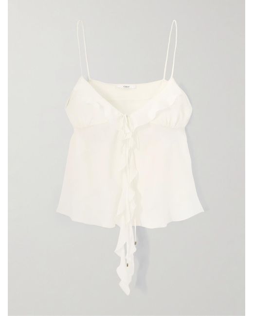 Chloé White Ruffled Tie-Front Silk-Chiffon Top
