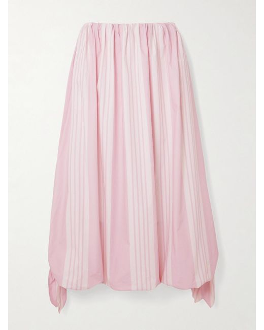 Posse Pink Rose Tie-Detailed Striped Cotton Midi Skirt