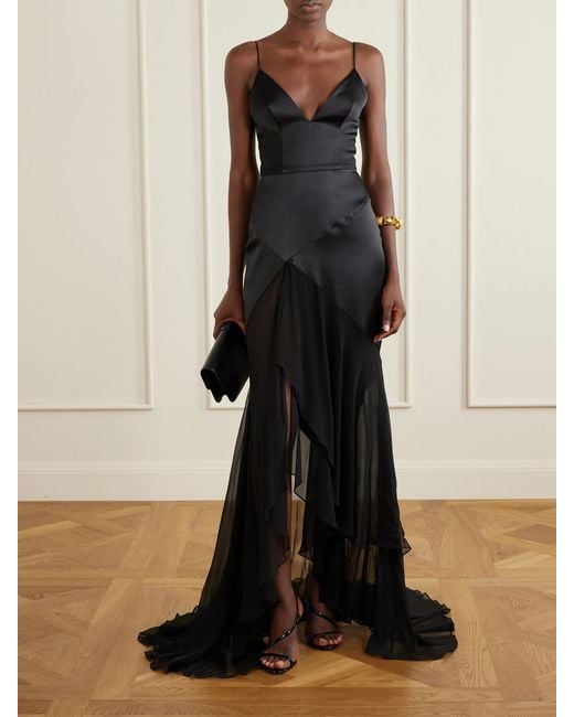 Alex Perry Black Paneled Silk-Satin And Georgette Gown