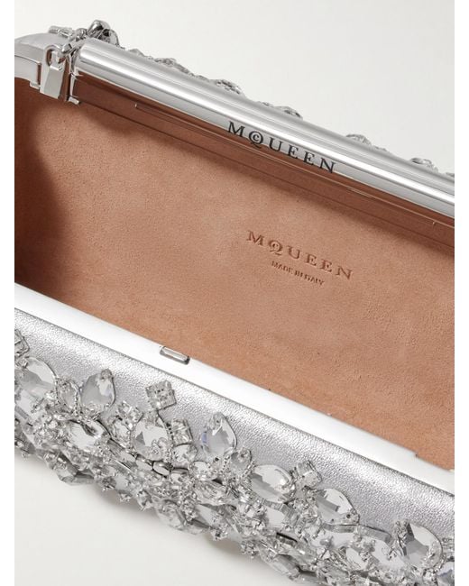 Alexander McQueen Gray T-Bar Crystal-Embellished Metallic Leather Clutch