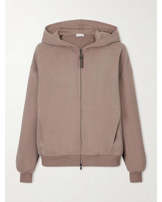 Brunello Cucinelli Brown Bead-Embellished Cotton-Jersey Zip-Up Hoodie