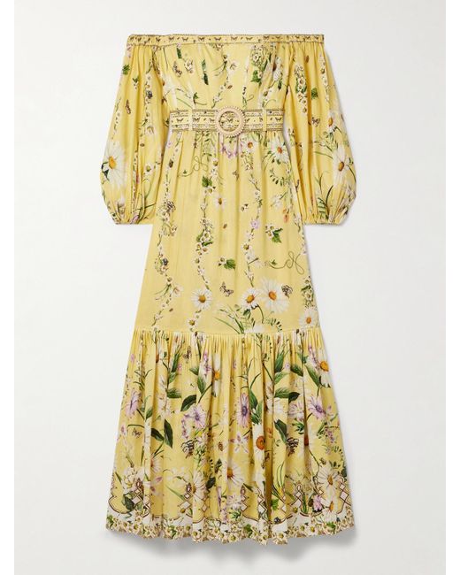 Camilla Yellow Off-The-Shoulder Gathered Floral-Print Linen And Silk-Blend Maxi Dress