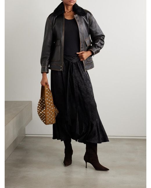 Nour Hammour Black Drey Distressed Shearling-Trimmed Leather Jacket