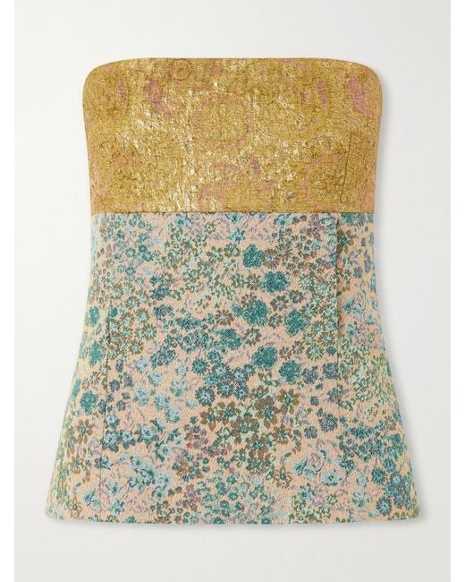 Dries Van Noten Green Strapless Metallic Floral-Jacquard Top
