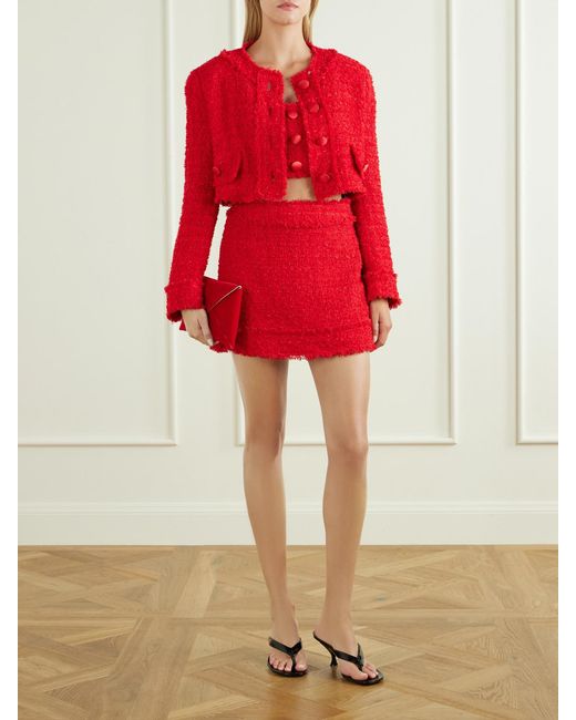 Dolce & Gabbana Red Cropped Frayed Metallic Cotton-Blend Tweed Top