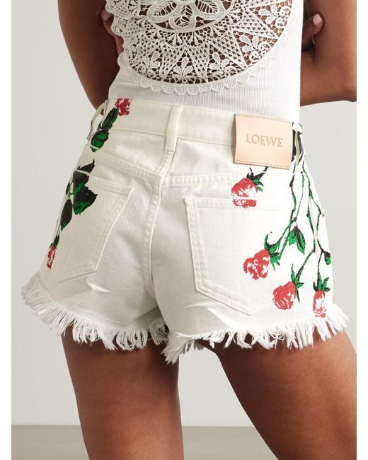 Loewe White Paula's Ibiza Frayed Floral-Print Denim Shorts