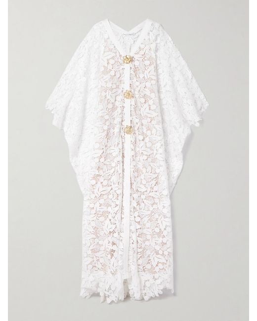 Oscar de la Renta White Embellished Guipure Lace Gown