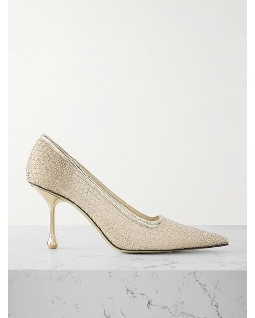 Jimmy Choo White Ixia 80 Mirrored Leather-Trimmed Crystal-Embellished Mesh Pumps