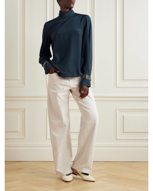 Brunello Cucinelli Blue Bead-Embellished Silk Crepe De Chine Turtleneck Blouse