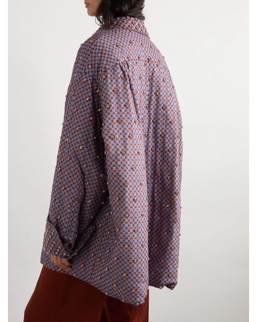 Dries Van Noten Purple Hemd Aus Bedrucktem Voile Aus Einer Baumwollmischung Mit Kristallen