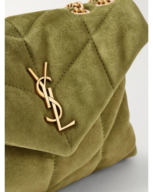 Saint Laurent Green Toy Puffer Matelassé Leather-Trimmed Suede Shoulder Bag