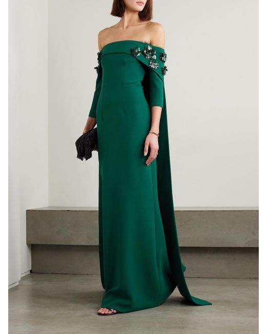 Safiyaa Green Bellara Off-the-shoulder Cape-effect Embellished Stretch-crepe Gown