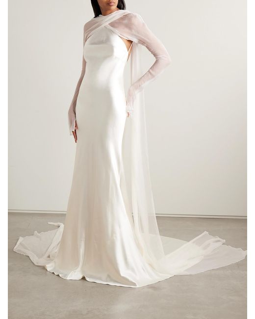 Danielle Frankel White Mari Convertible Cape-Effect Silk And Wool-Blend Satin And Silk-Crepon Gown