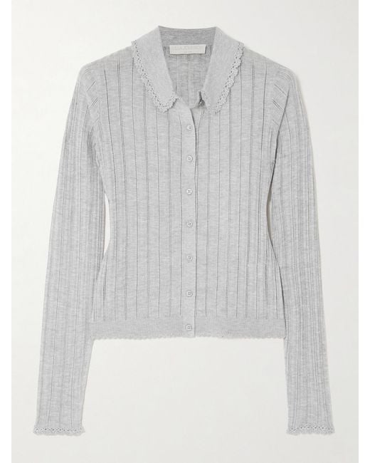 Ulla Johnson Gray Lottie Crochet-Trimmed Pointelle-Knit Cardigan