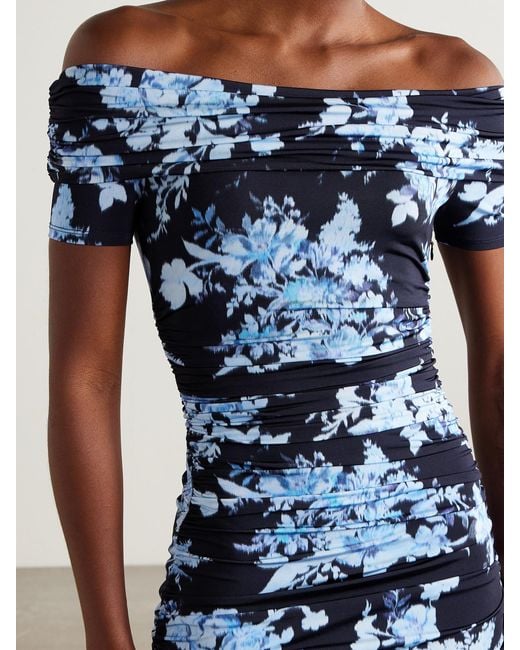 Carolina Herrera Blue Off-The-Shoulder Ruched Floral-Print Stretch-Jersey Midi Dress
