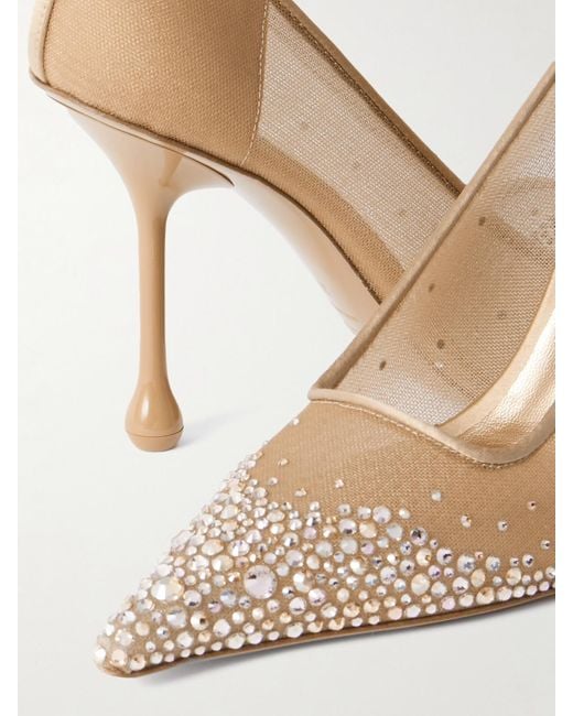 Jimmy Choo Natural Ixia Satin-Trimmed Crystal-Embellished Mesh Pumps
