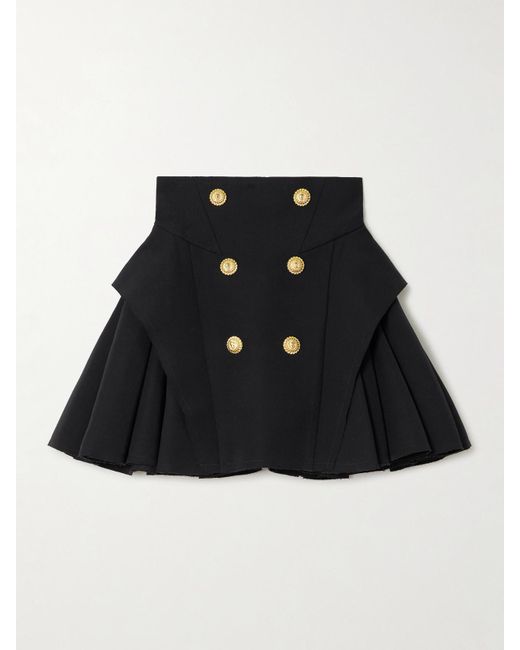 Balmain Black Minirock Aus Grain De Poudre Aus Wolle Mit Falten Und Zierknöpfen