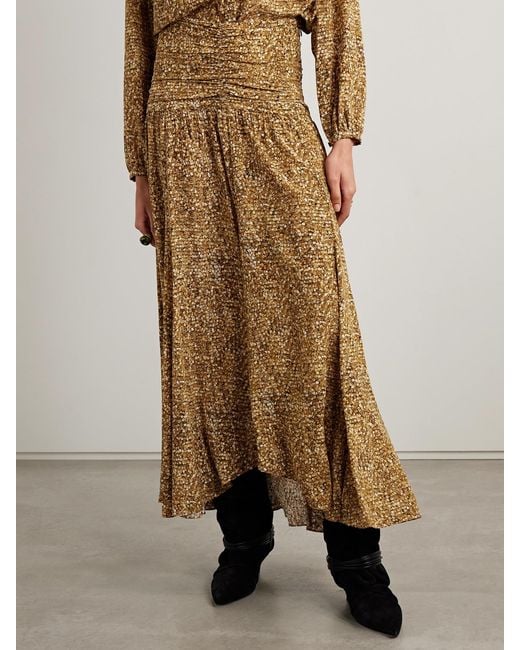 Isabel Marant Natural Syana Ruched Printed Stretch-Silk Crepe De Chine Maxi Skirt