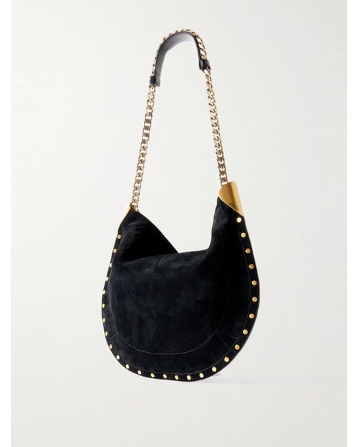 Isabel Marant Black Oskan Leather-Trimmed Tasseled Studded Suede Shoulder Bag