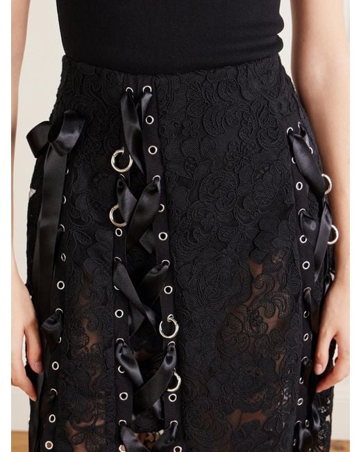Simone Rocha Black Unraveling Ribbon Ring Asymmetric Embellished Lace And Satin Midi Skirt