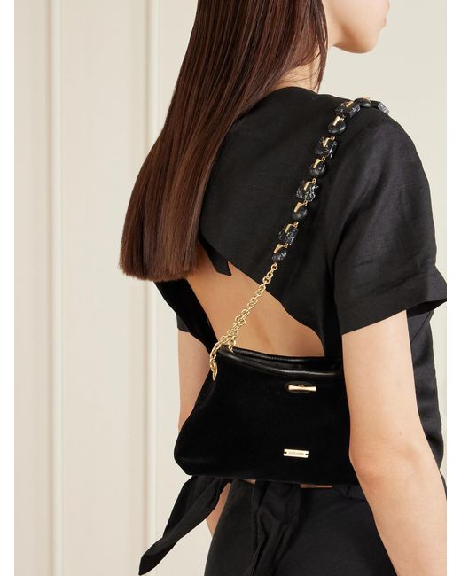 Cult Gaia Black Kiraz Mini Beaded-Embellished Leather-Trimmed Velvet Clutch
