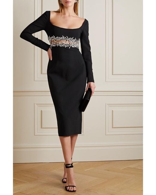 Oscar de la Renta Black Crystal-Embellished Wool-Blend Midi Dress
