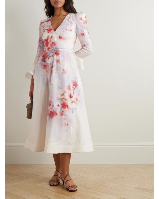 Zimmermann Pink Crush Midikleid Aus Leinen Mit Blumenprint Und Gürtel