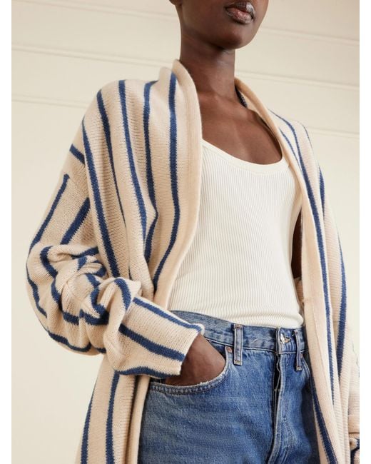 The Elder Statesman White Striped Knitted Cashmere Cardigan