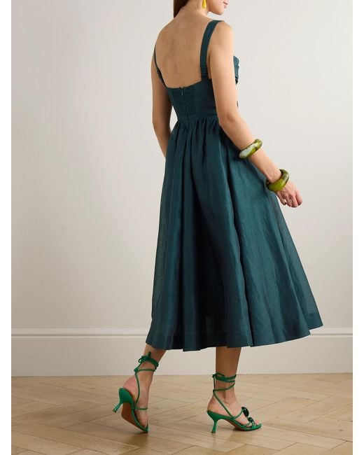 Zimmermann Blue Rebellion Linen And Silk-Blend Bustier Midi Dress