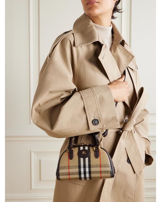 Burberry Natural Mini Tote Aus Beschichtetem Canvas Mit Karomuster Und Lederbesätzen