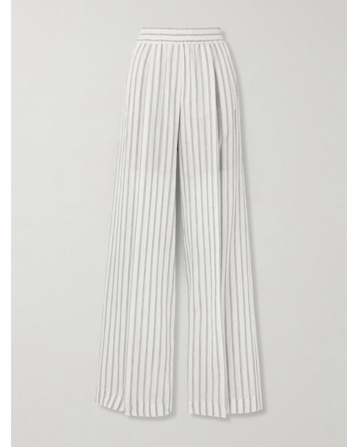 Brunello Cucinelli White Pleated Striped Cotton And Silk-Blend Wide-Leg Pants