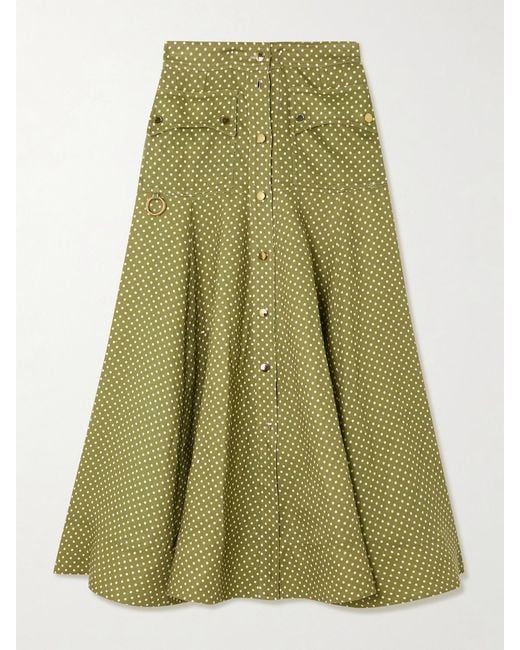 Zimmermann Green Luna Embellished Polka-Dot Linen Midi Skirt