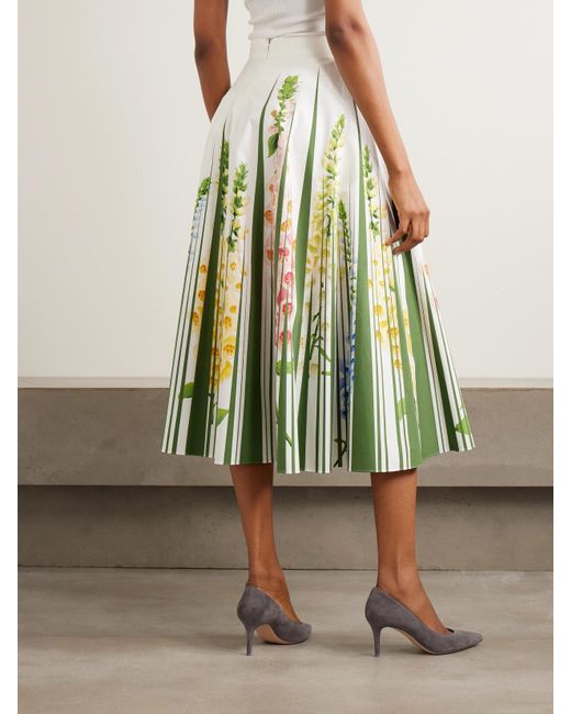 Oscar de la Renta Green Foxgloves Floral-Print Cotton-Blend Poplin Midi Skirt