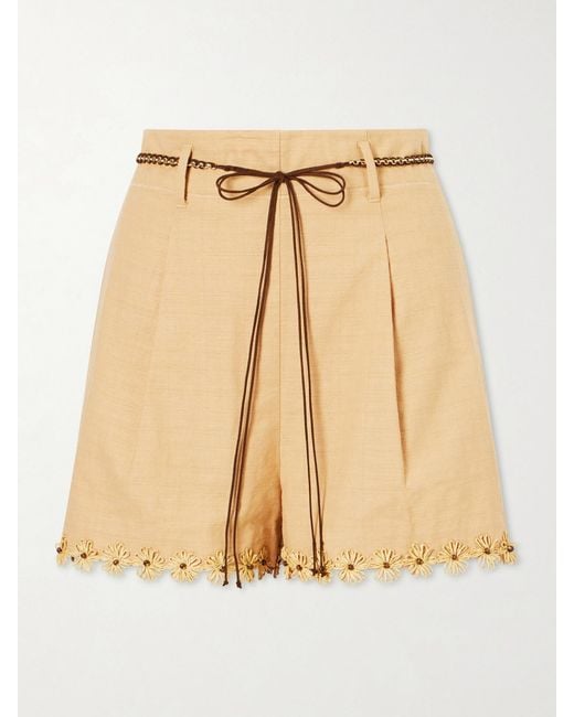 Zimmermann Natural Mahon Flower Pleated Leather And Raffia-Trimmed Cotton Shorts