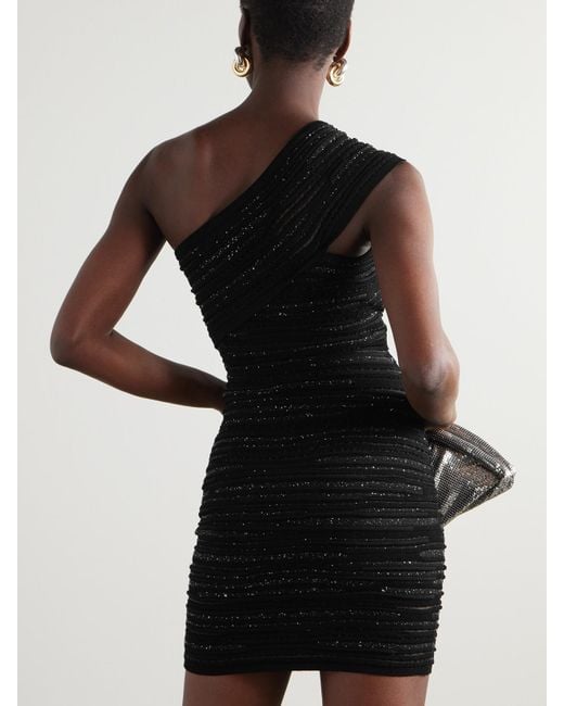 Balmain Black One-Shoulder Sequin-Embellished Ribbed-Knit Mini Dress