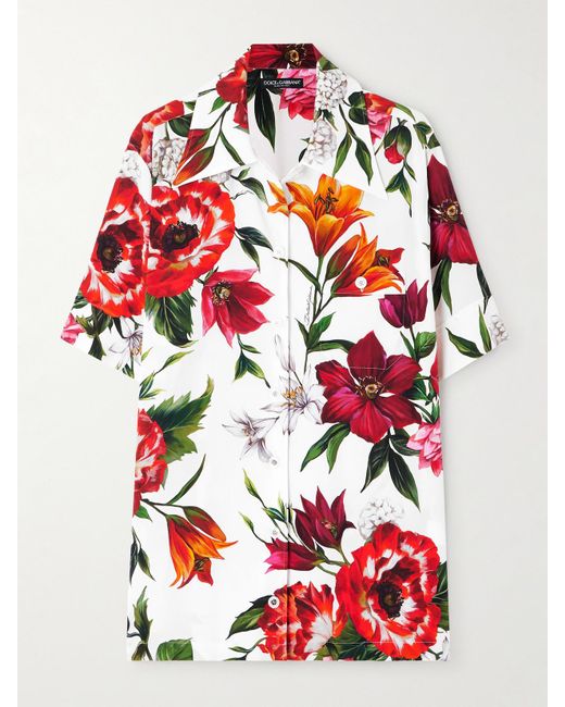 Dolce & Gabbana Red Floral-Print Silk-Blend Shirt