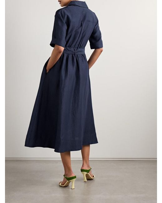Rosie Assoulin Blue Jane Belted Woven Midi Shirt Dress