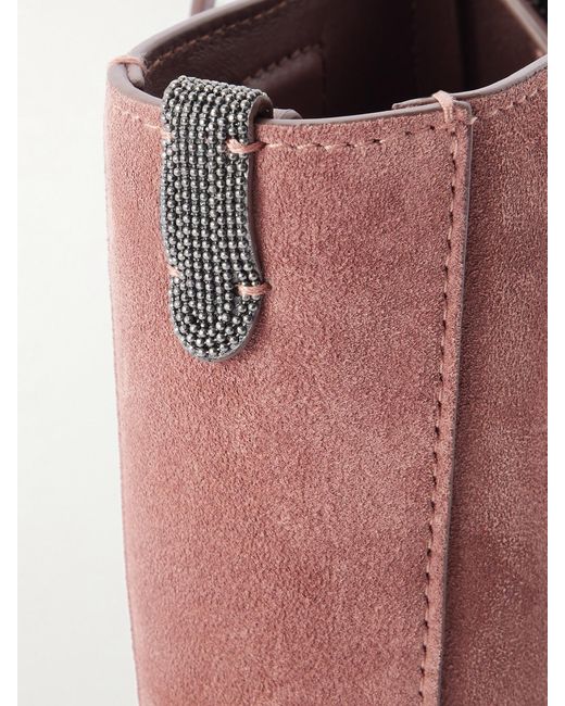 Brunello Cucinelli Pink Embellished Leather-Trimmed Suede Pouch
