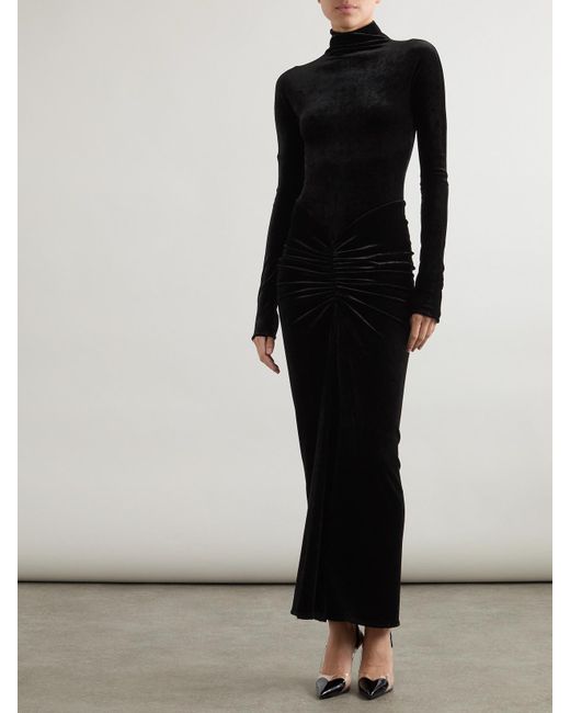 Alaïa Black Ruched Crushed-Velvet Turtleneck Midi Dress