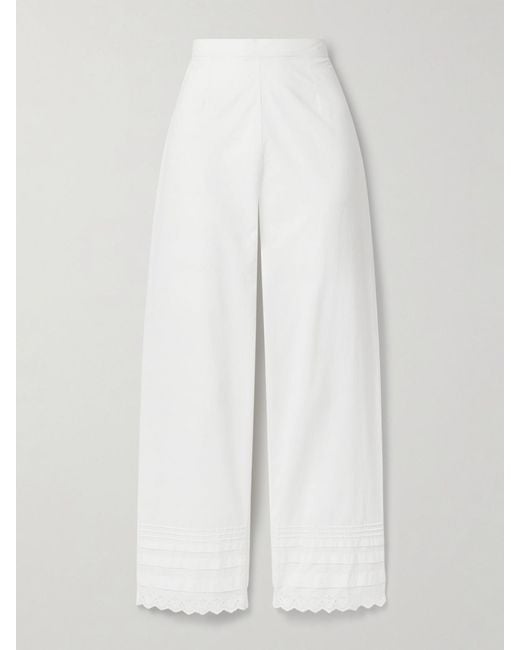Doen White Francisca Broderie Anglaise-Trimmed Pintucked Organic Cotton-Poplin Straight-Leg Pants